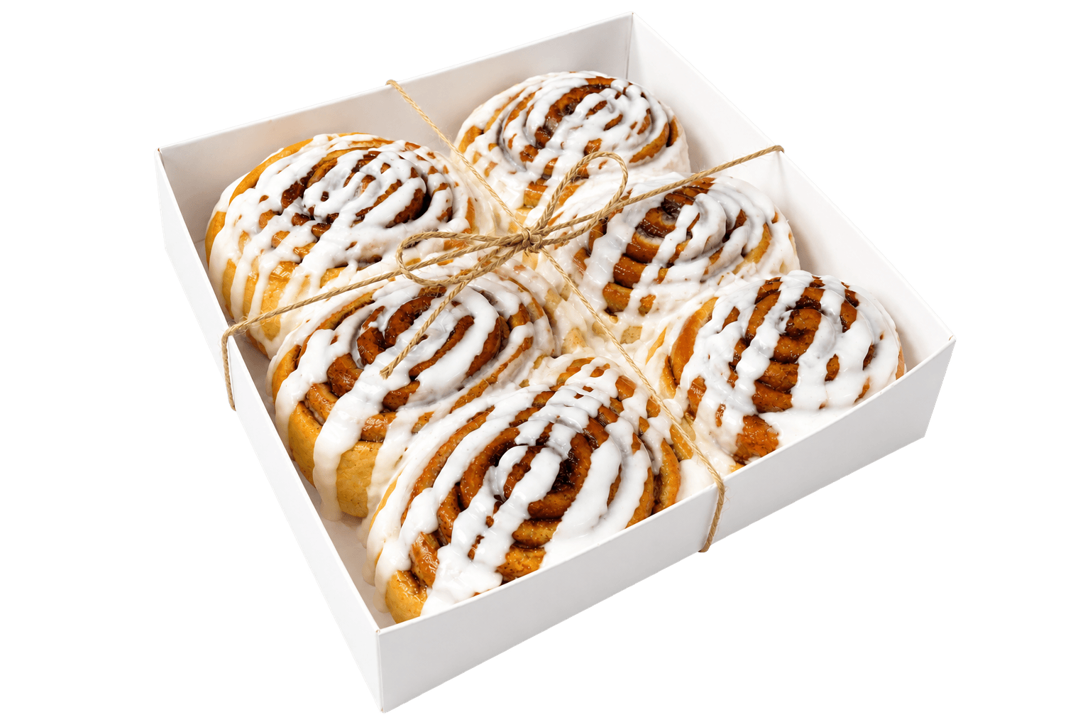 Six iced cinnamon buns in a white gift box