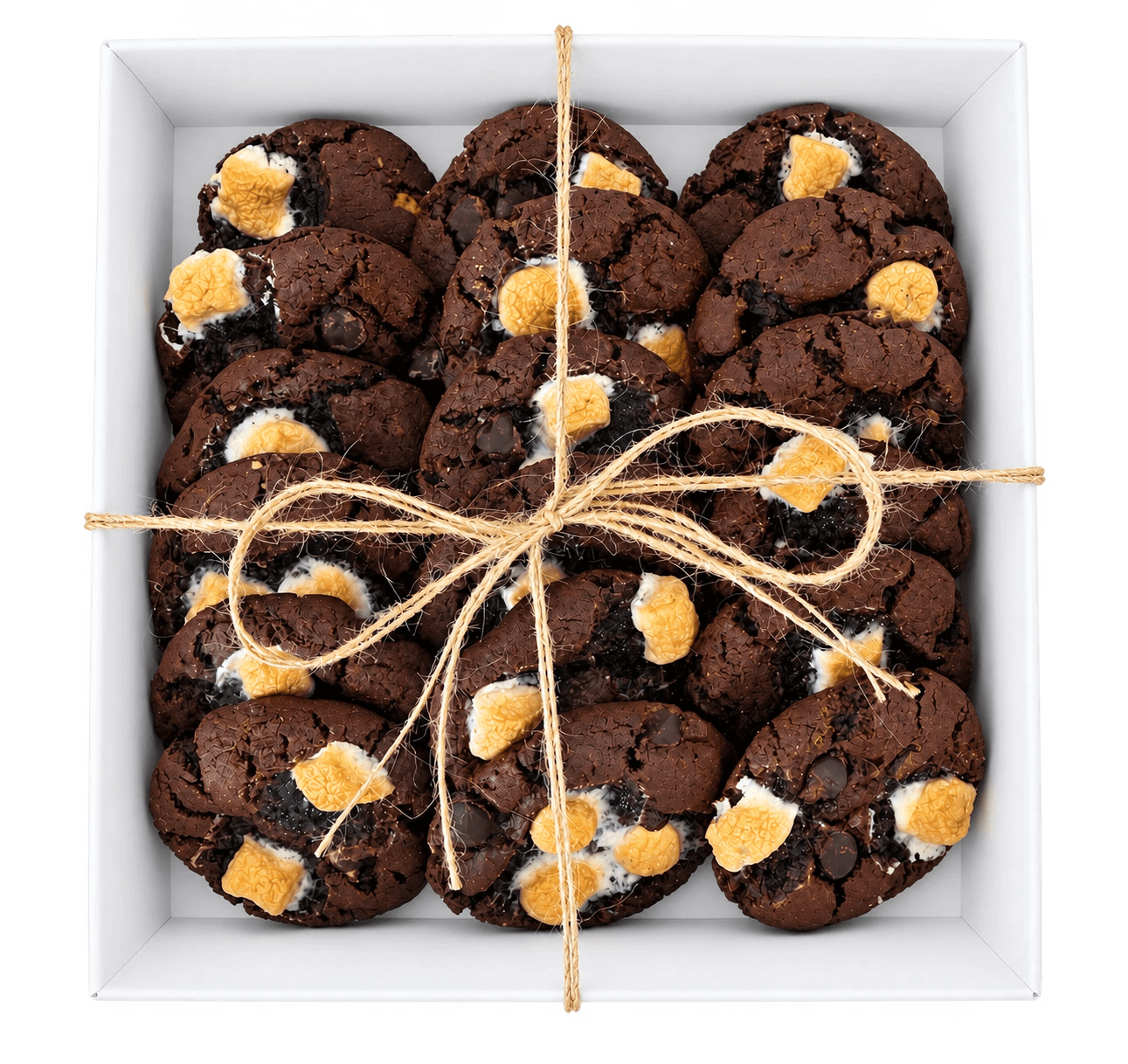 A tied gift box filled with Sugar and Crumbs chocolate s’mores cookies