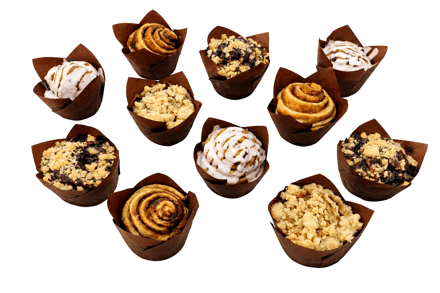 Ten assorted Sugar and Crumbs babka muffins with crumble, icing and chocolate finishes