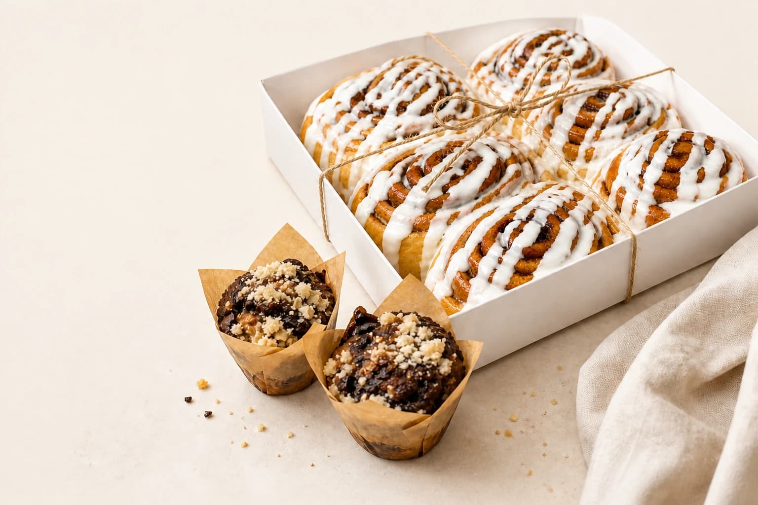 A boxed half dozen of cinnamon buns beside two babka muffins on a cream surface