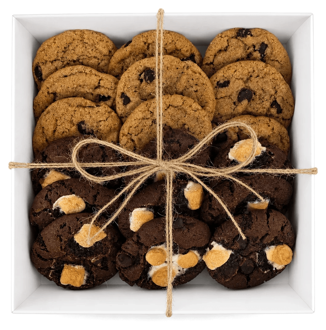 A Sugar and Crumbs gift box of chocolate chip and s’mores cookies tied with twine
