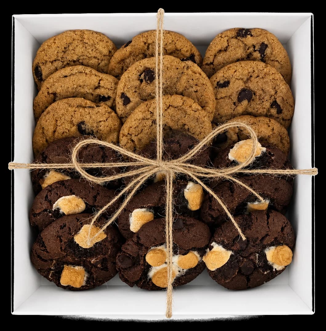 Mixed gift box of chocolate chip and chocolate s’mores cookies tied with twine