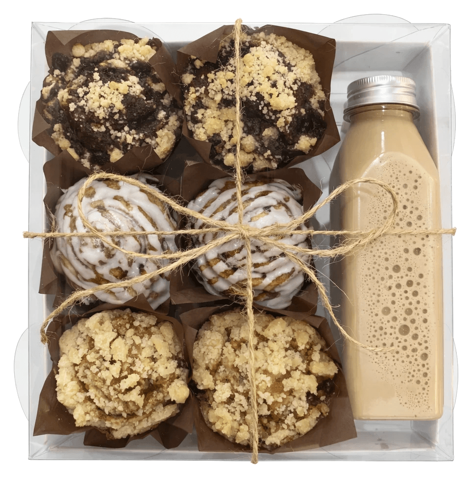 A Sugar and Crumbs gift box of babka muffins with bottled iced coffee tied in twine