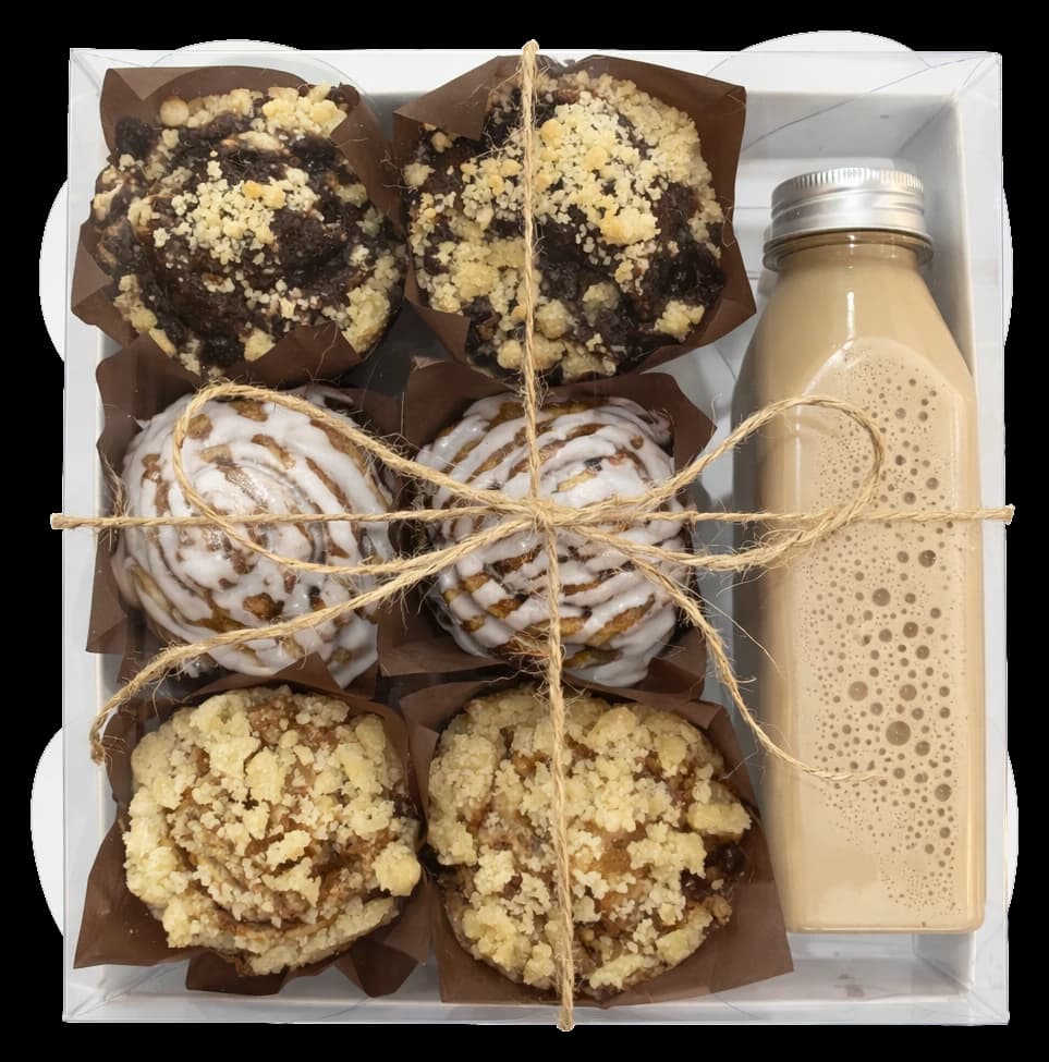Assorted muffins and bottled iced coffee tied in a clear gift box