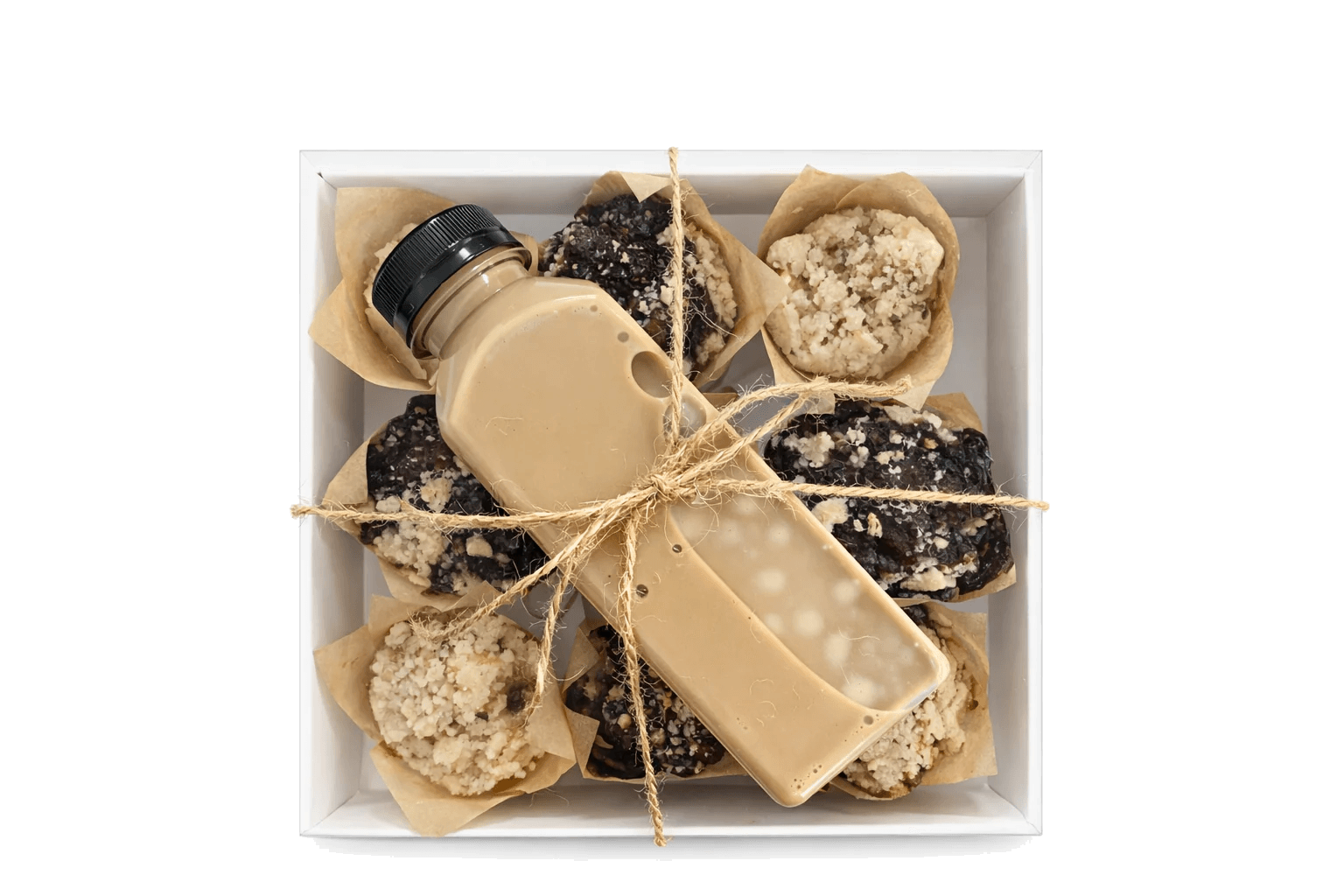 Iced coffee packed with an assortment of Sugar and Crumbs muffins
